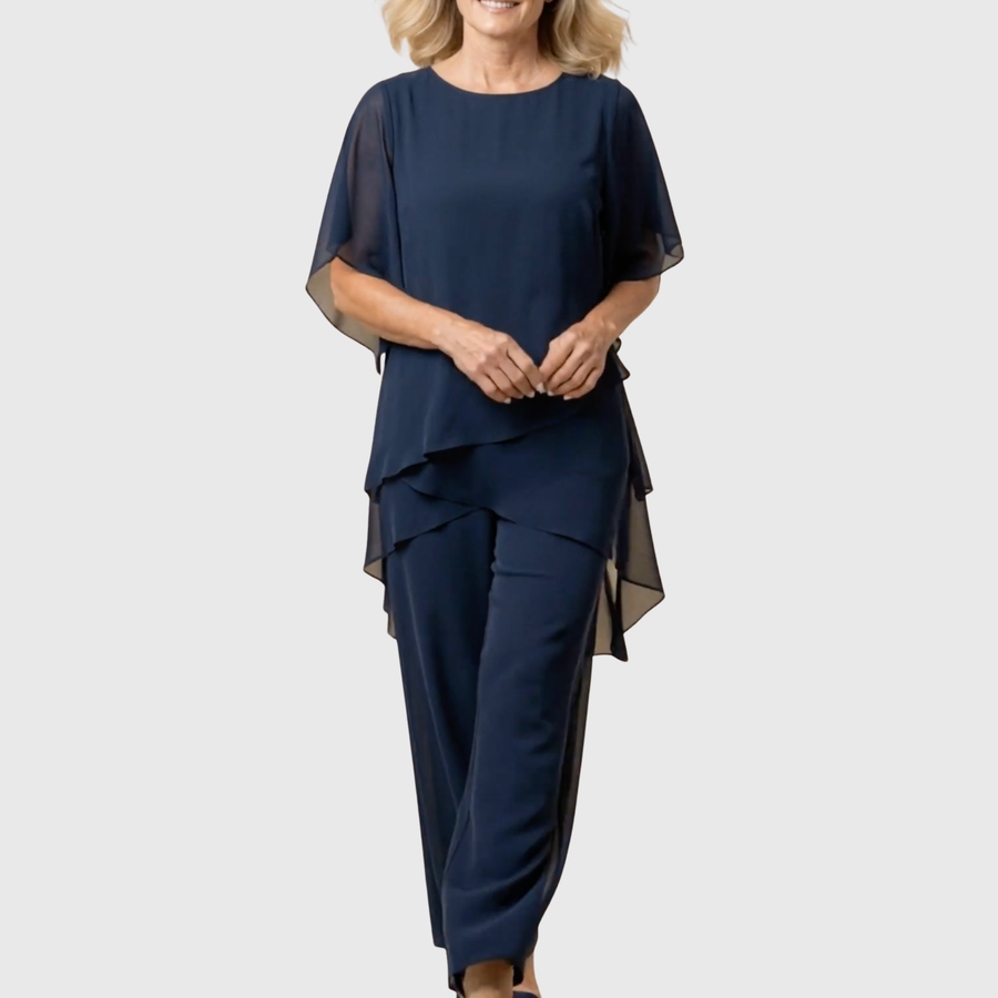 Linda | Traje con pantalones palazzo drapeados